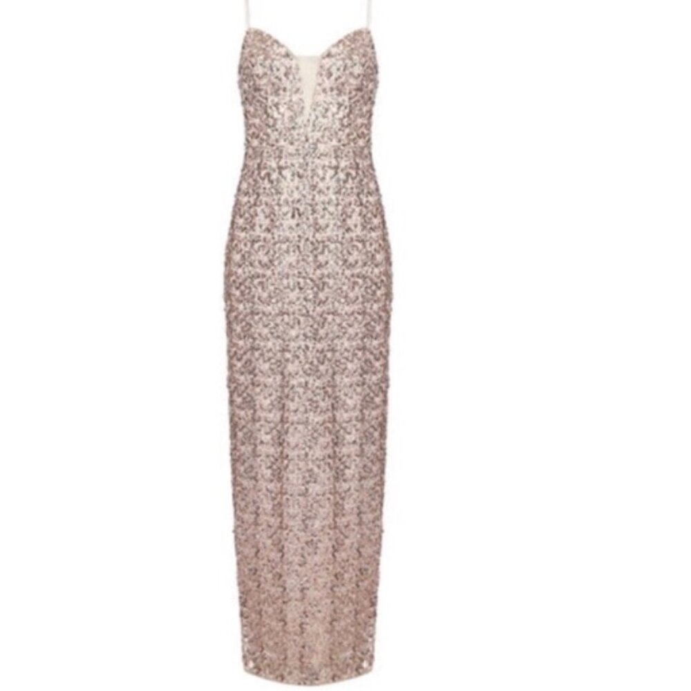 Adrianna Papell Rose Gold Sequin Column Gown Dress 8 Bridesmaid with alterations